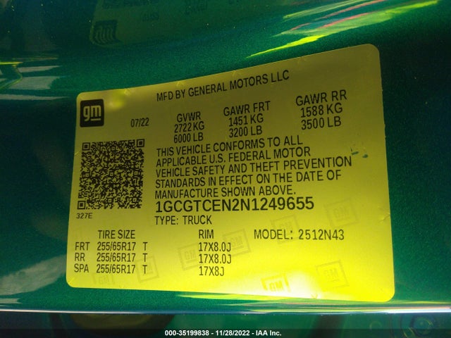 2022 Chevrolet Colorado, VIN: 1GCGTCEN2N1249655