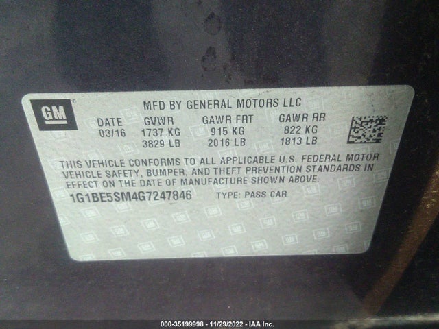 2016 Chevrolet Cruze, VIN: 1G1BE5SM4G7247846