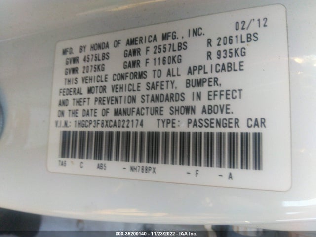 2012 HONDA ACCORD SDN EX-L VIN: 1HGCP3F8XCA022174