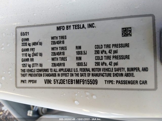 Tesla Model 3 Long Range 2021 5YJ3E1EB1MF915509 Image 11