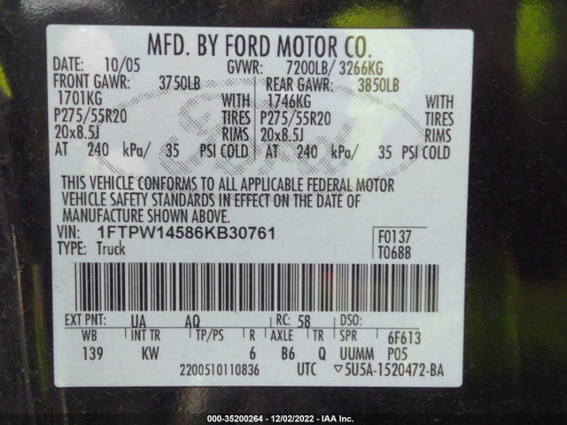 2006 FORD F-150 XLT/FX4/LARIAT/KING RANCH VIN: 1FTPW14586KB30761