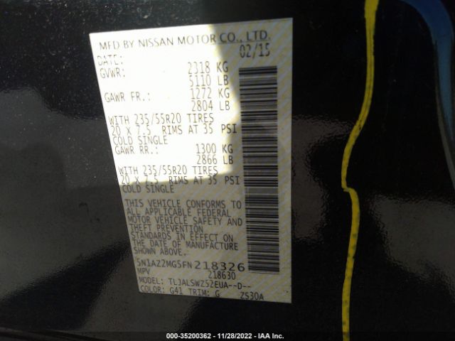 5N1AZ2MG5FN218326 Nissan Murano Platinum