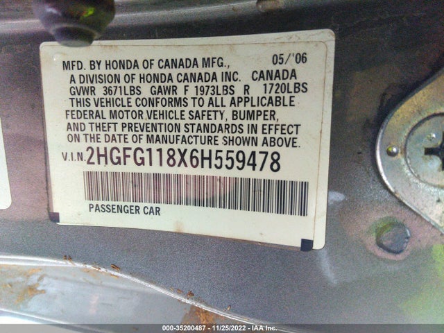 2006 HONDA CIVIC CPE EX VIN: 2HGFG118X6H559478
