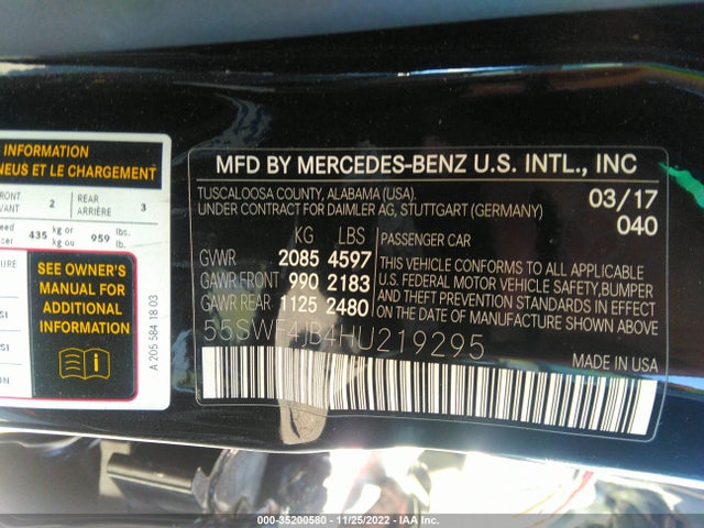 2017 MERCEDES-BENZ C-CLASS C 300 VIN: 55SWF4JB4HU219295