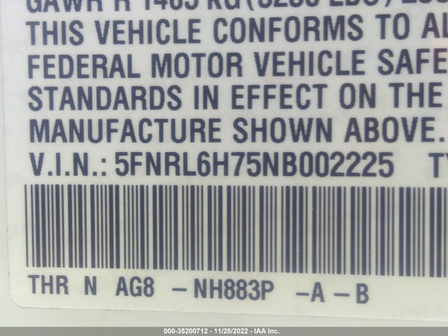 2022 Honda Odyssey, VIN: 5FNRL6H75NB002225