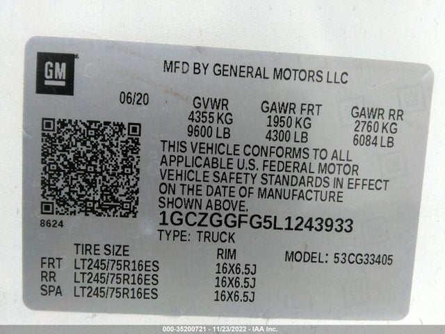 2020 Chevrolet Express, VIN: 1GCZGGFG5L1243933