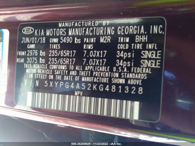 5XYPG4A52KG481328 KIA Sorento Lx V6