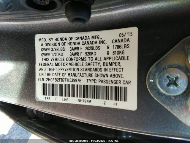 2015 HONDA CIVIC SEDAN EX VIN: 2HGFB2F87FH539976