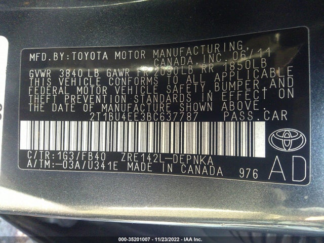 2011 TOYOTA COROLLA L/LE/S VIN: 2T1BU4EE3BC637787