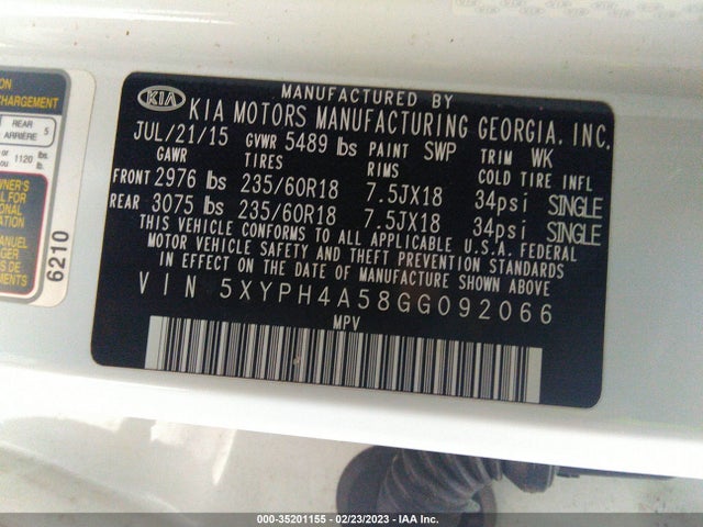 2016 Kia Sorento, VIN: 5XYPH4A58GG092066