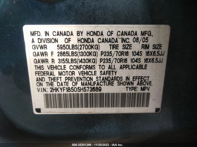 2005 HONDA PILOT EX-L VIN: 2HKYF18505H573689