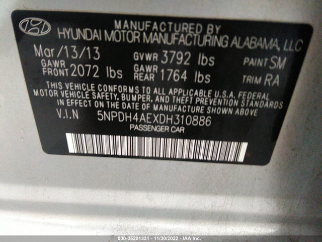 2013 HYUNDAI ELANTRA LIMITED VIN: 5NPDH4AEXDH310886