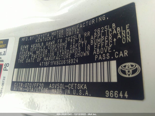 2012 TOYOTA CAMRY L/LE/SE/XLE VIN: 4T1BF1FK6CU618924