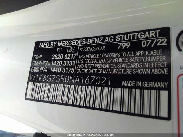 2022 Mercedes-Benz S-Class, VIN: W1K6G7GB0NA167021