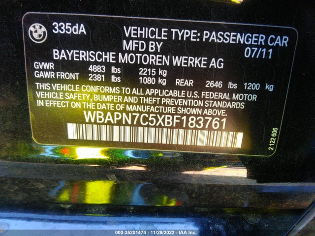 2011 BMW 3 SERIES 335D VIN: WBAPN7C5XBF183761
