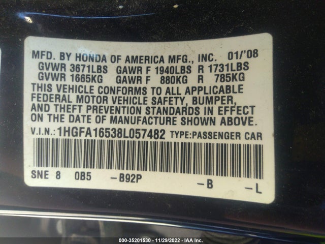 2008 HONDA CIVIC SDN LX VIN: 1HGFA16538L057482