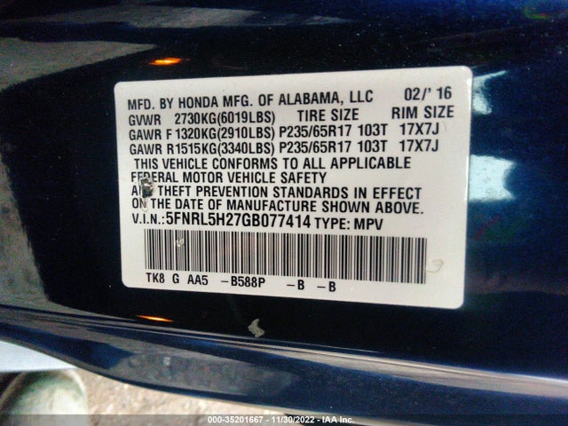 2016 Honda Odyssey, VIN: 5FNRL5H27GB077414