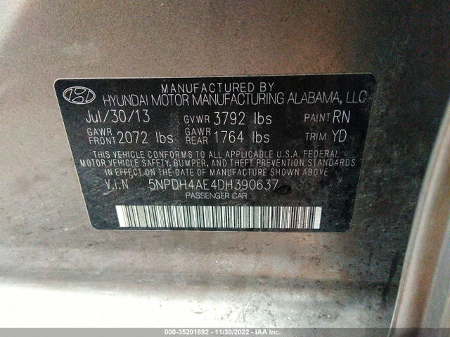 2013 HYUNDAI ELANTRA GLS PZEV VIN: 5NPDH4AE4DH390637