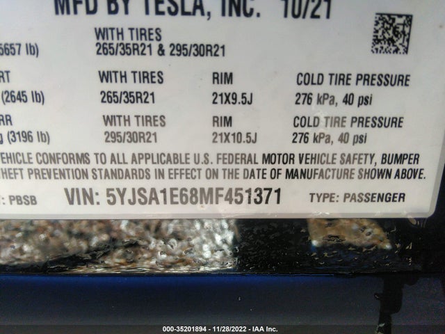 2021 Tesla Model S, VIN: 5YJSA1E68MF451371