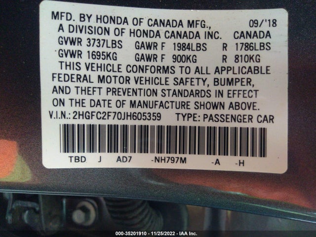 2018 HONDA CIVIC SEDAN EX VIN: 2HGFC2F70JH605359