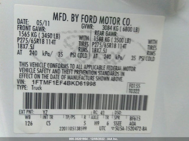 2011 FORD F-150 XL/STX/XLT VIN: 1FTMF1EF4BKD61998