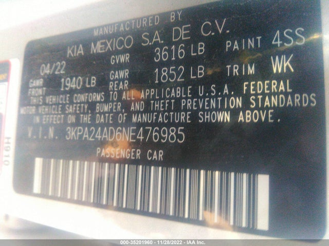 2022 Kia Rio, VIN: 3KPA24AD6NE476985