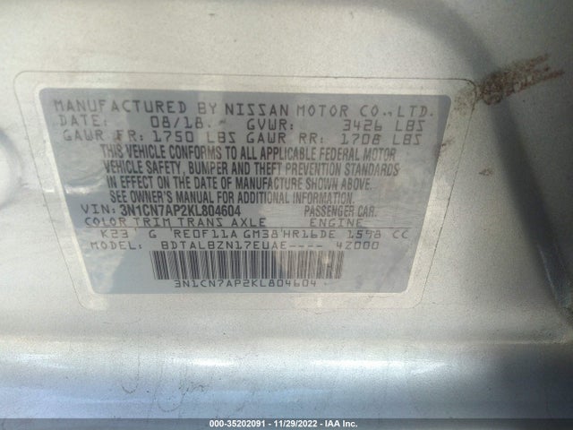 Nissan Versa 1.6 Sv 2019 3N1CN7AP2KL804604 Image 9