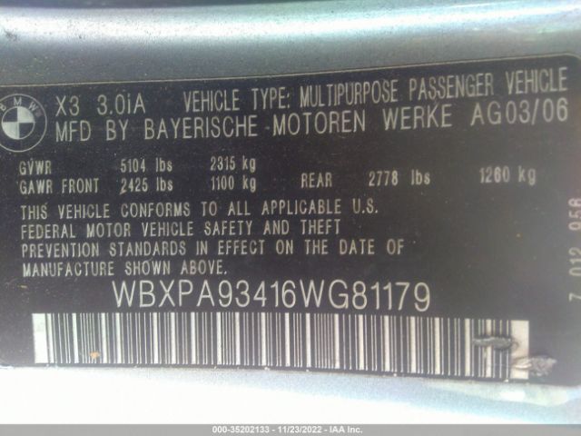 WBXPA93416WG81179 BMW X3 3.0I