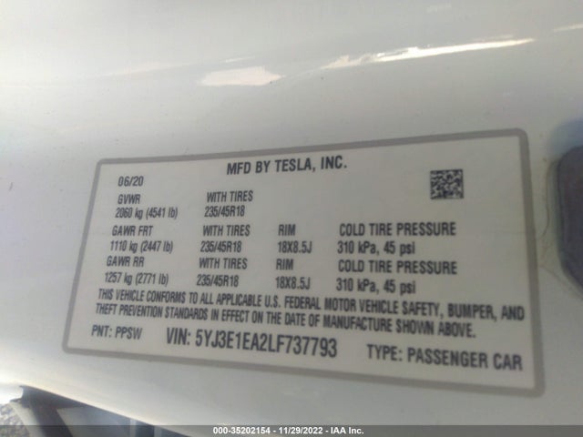 Tesla Model 3 Standard Range 2020 5YJ3E1EA2LF737793 Image 10