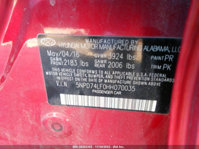 Hyundai ELANTRA SE 2017 5NPD74LF0HH070035 Image 10