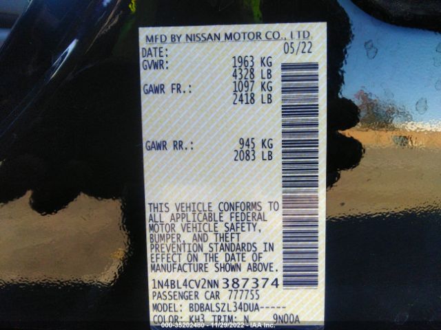 1N4BL4CV2NN387374 Nissan Altima 2.5 Sr