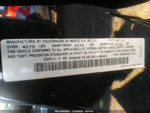 2012 VOLKSWAGEN JETTA SEDAN S VIN: 3VW2K7AJ5CM308640