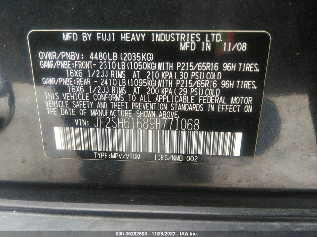 2009 SUBARU FORESTER X VIN: JF2SH61689H771068