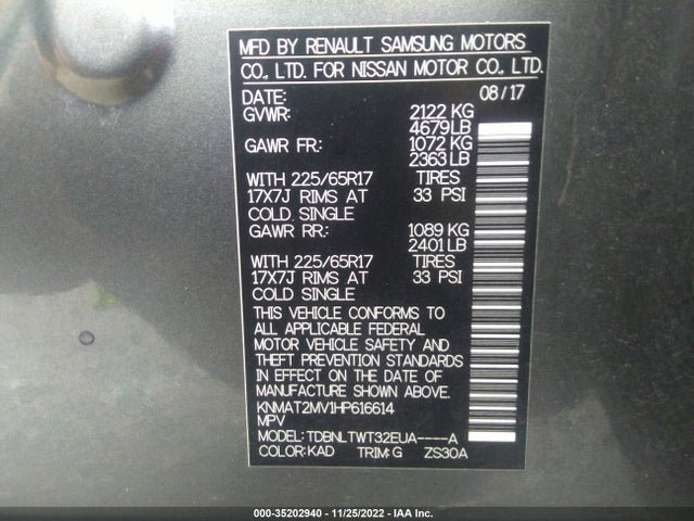 35202940 :رقم المزاد ، KNMAT2MV1HP616614 vin ، 2017 Nissan Rogue Sv مزاد بيع