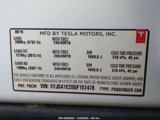 Tesla MODEL S 2016 5YJSA1E20GF157478 Image 10