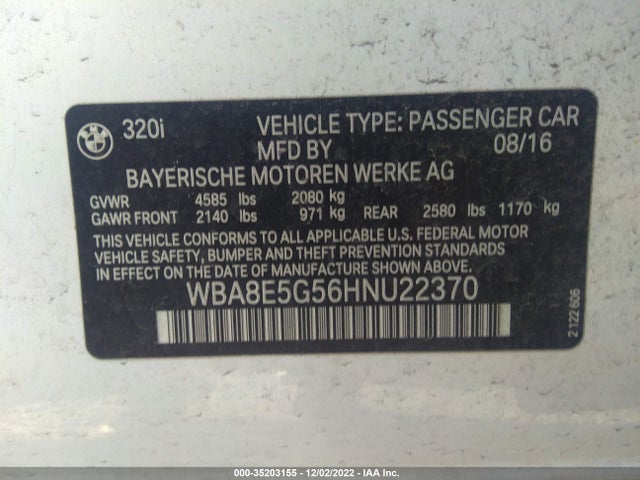 2017 BMW 3 Series, VIN: WBA8E5G56HNU22370