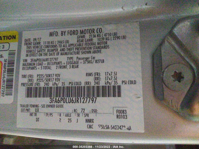 3FA6P0LU6JR127797 Ford Fusion Hybrid Se