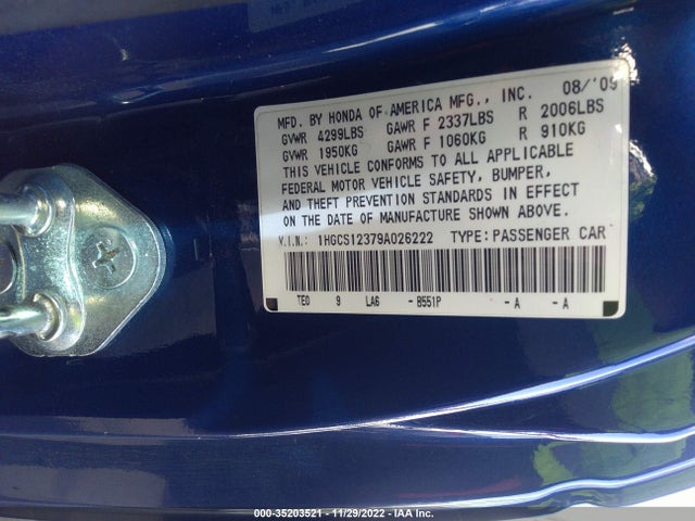 2009 HONDA ACCORD CPE LX-S VIN: 1HGCS12379A026222
