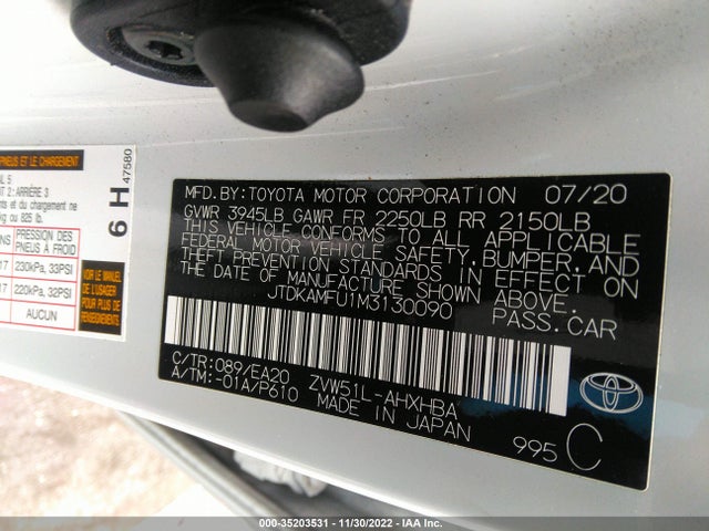 2021 TOYOTA PRIUS L VIN: JTDKAMFU1M3130090