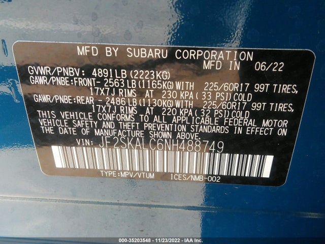 2022 SUBARU FORESTER WILDERNESS VIN: JF2SKALC6NH488749