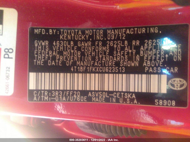 2012 TOYOTA CAMRY L/LE/SE/XLE VIN: 4T1BF1FKXCU623513