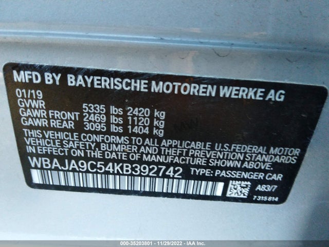 2019 BMW 5 SERIES 530E IPERFORMANCE VIN: WBAJA9C54KB392742
