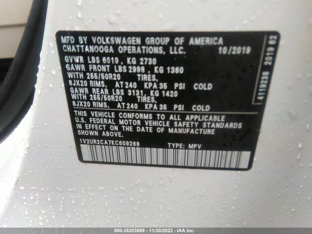 2019 Volkswagen Atlas, VIN: 1V2UR2CA7KC609268
