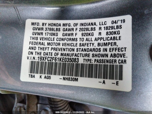 2019 HONDA CIVIC SEDAN LX VIN: 19XFC2F61KE035083