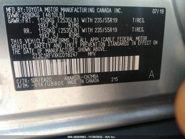 2019 TOYOTA RAV4 XLE PREMIUM VIN: 2T3C1RFVXKC018247