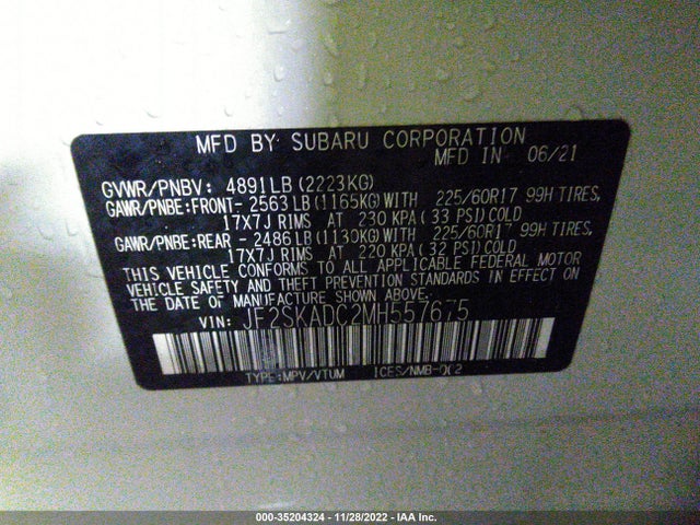 2021 SUBARU FORESTER VIN: JF2SKADC2MH557675