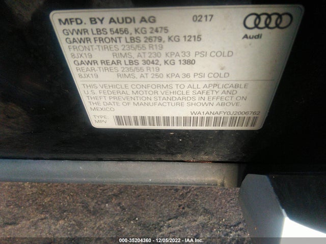 WA1ANAFY0J2006762 Audi Q5 Premium/tech Premium