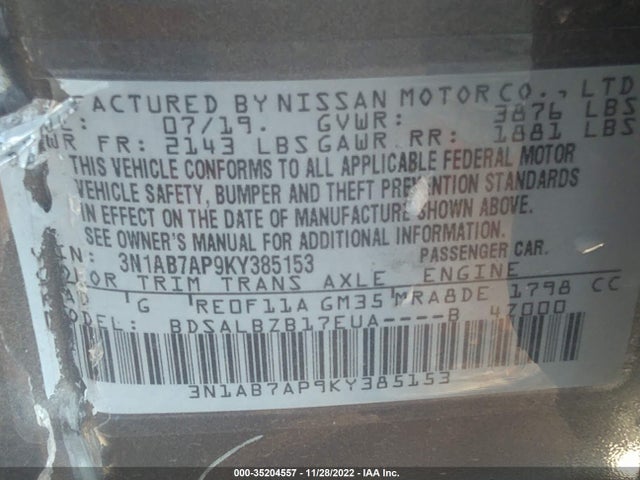 2019 NISSAN SENTRA S VIN: 3N1AB7AP9KY385153