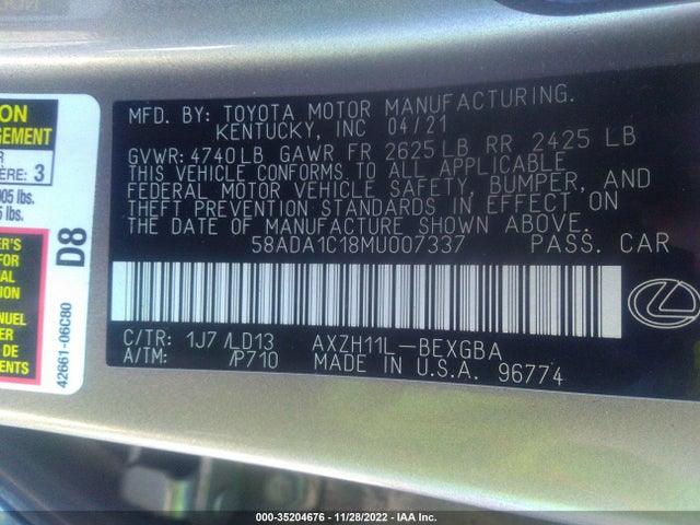 2021 Lexus ES, VIN: 58ADA1C18MU007337