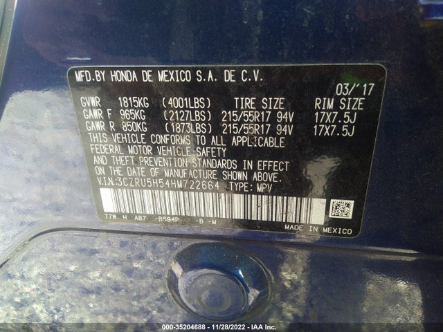 2017 Honda HR-V, VIN: 3CZRU5H54HM722664